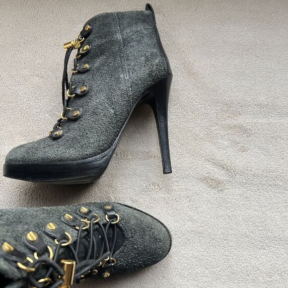 Tory Burch Hamila Dark Gray Distressed Suede Lace Up High Heel Booties Women 6.5 - Picture 16 of 16